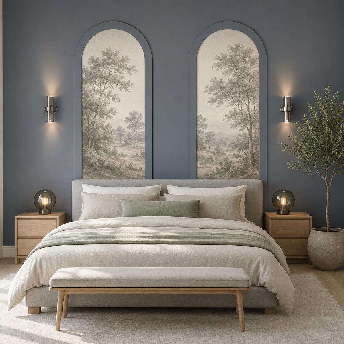 Arched Wall Molding, slate blue bedroom wall molding design behind the bed