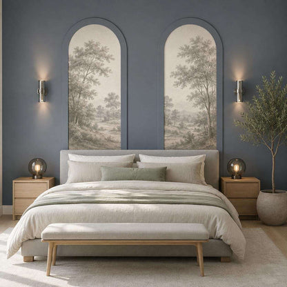 Arched Wall Molding, slate blue bedroom wall molding design behind the bed