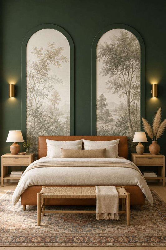 Bedroom wall molding design: green arched wall molding framing mural wallpaper behind the bed alternate view