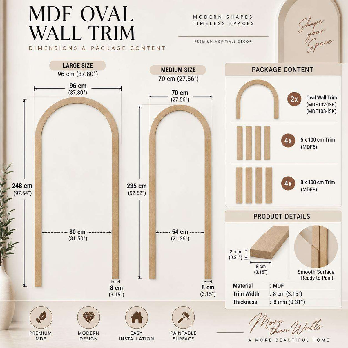 Arched Wall Molding dimensions and package contents