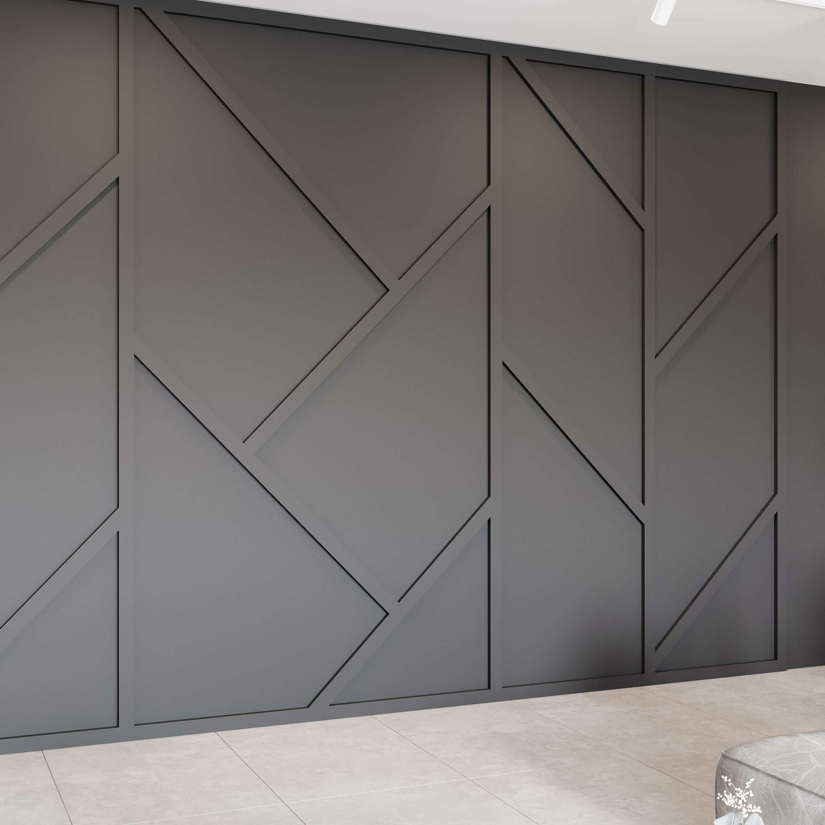 Asymmetric Wall Molding Kit, charcoal gray geometric wall molding on an accent wall