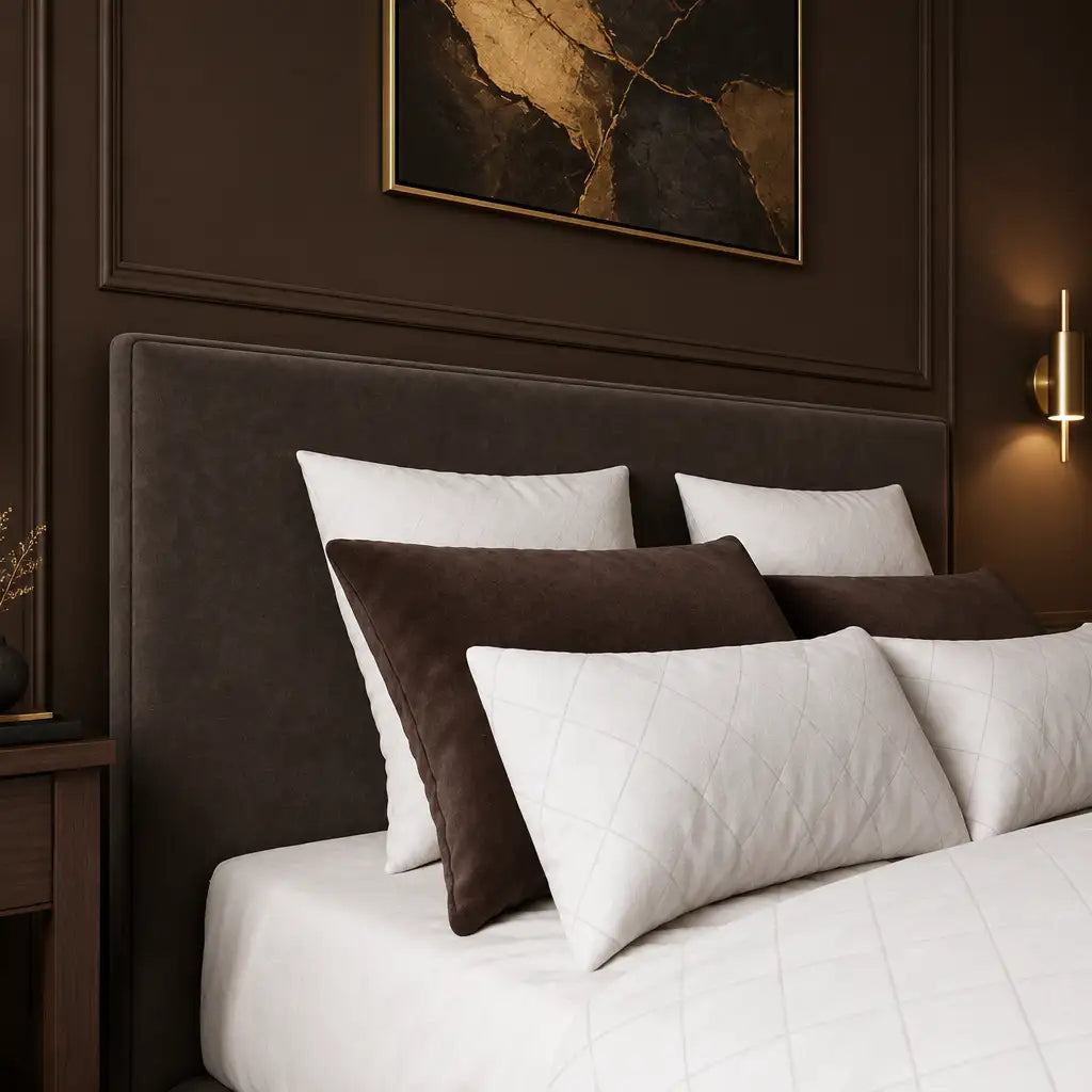 Bedroom wall molding design: chocolate brown picture frame wall molding behind the bed