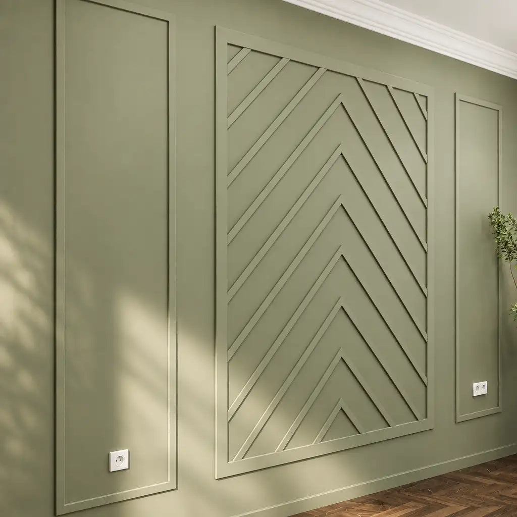 Bedroom Wall Molding Kit, sage green herringbone wall molding on an accent wall