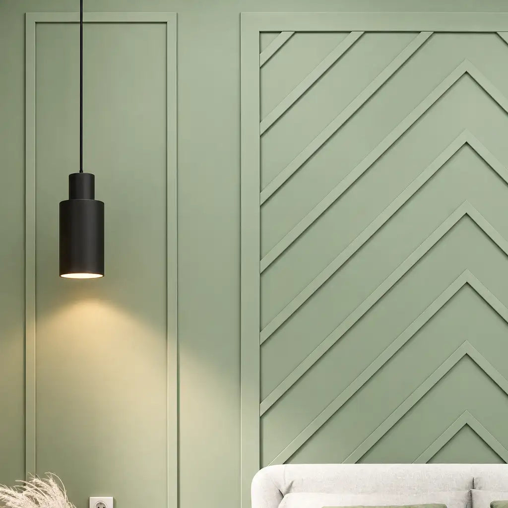 Sage green herringbone wall molding in a living room
