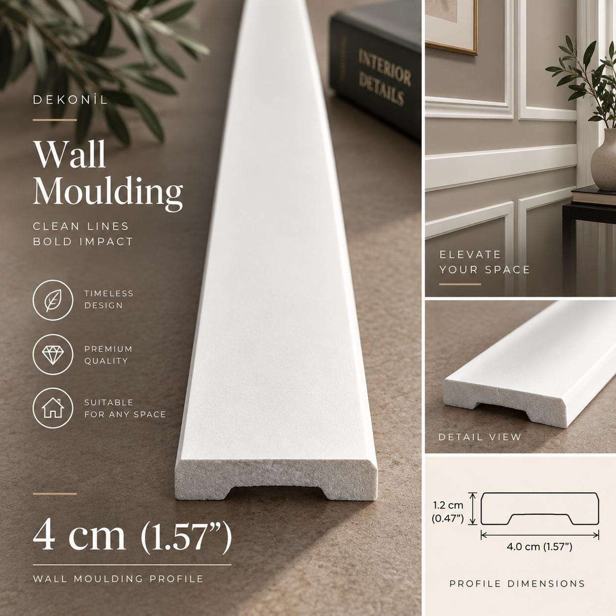 Flat 4 cm (1.57 in) square-edge wall trim profile