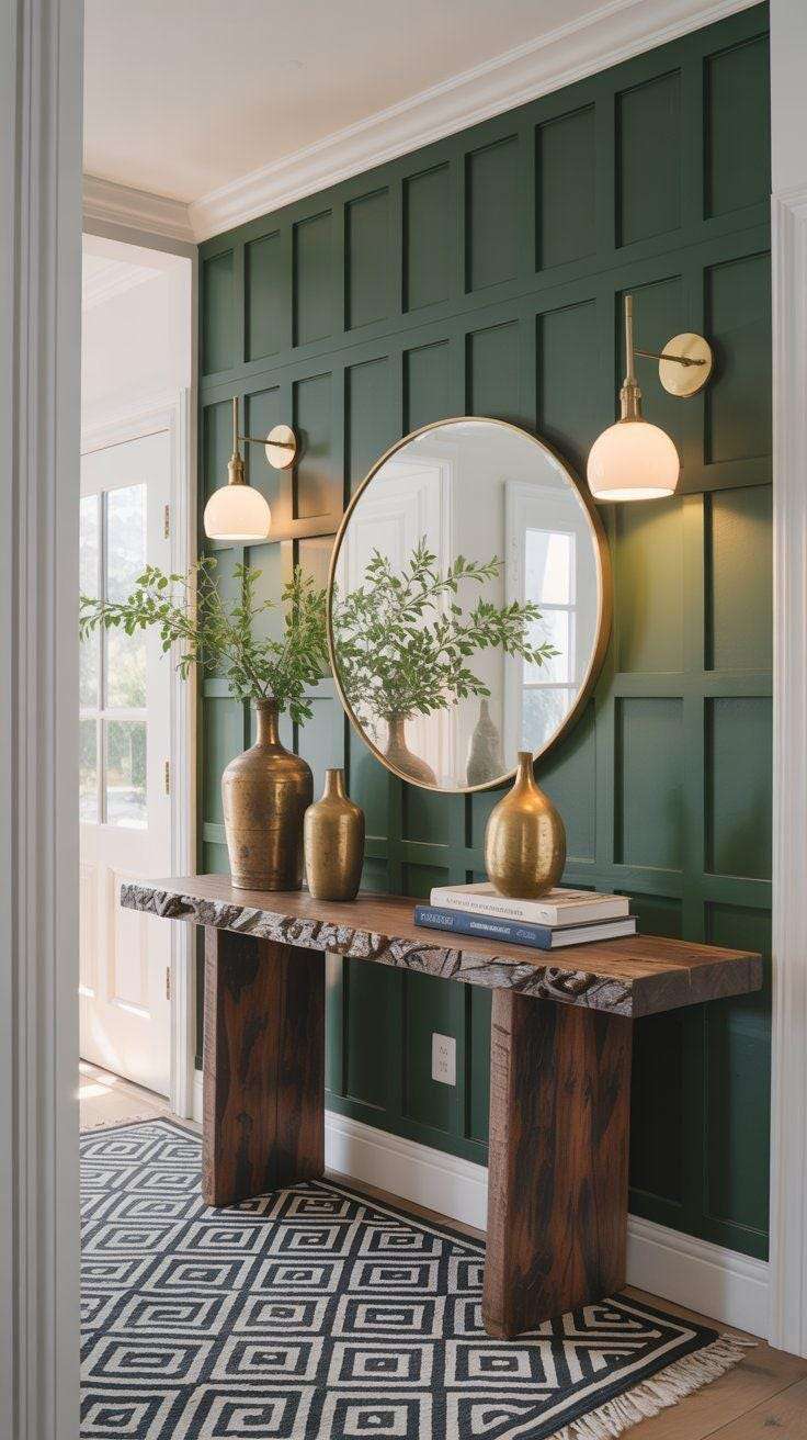 Forest green grid board and batten wall in an entryway