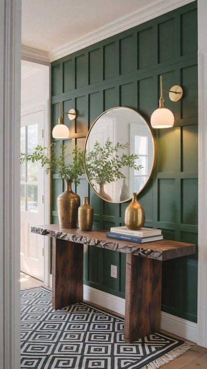 Forest green grid board and batten wall in an entryway