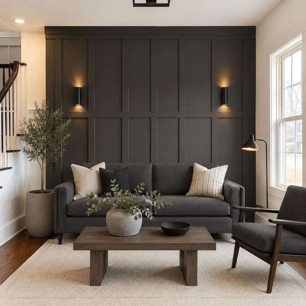 Half wall trim idea: charcoal gray board and batten half wall in a living room