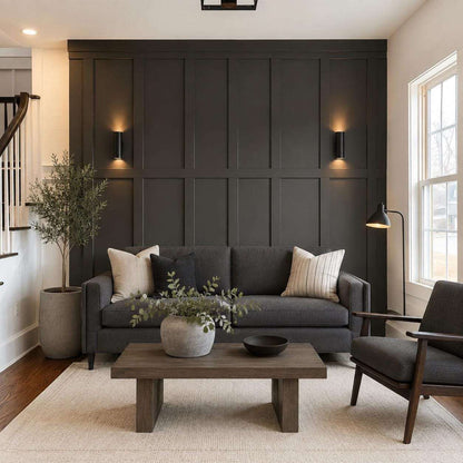 Half wall trim idea: charcoal gray board and batten half wall in a living room