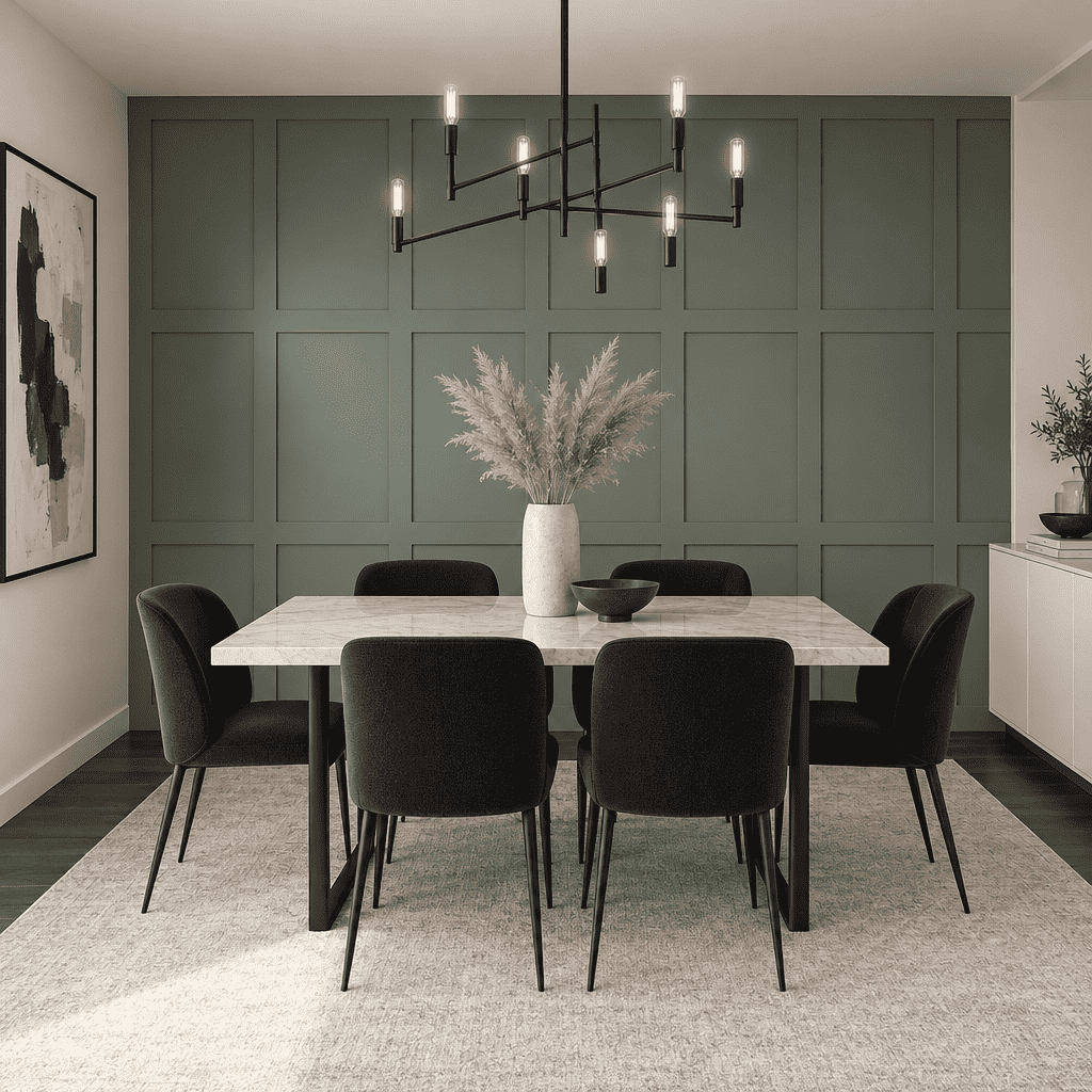 Sage green grid board and batten wall in a dining room
