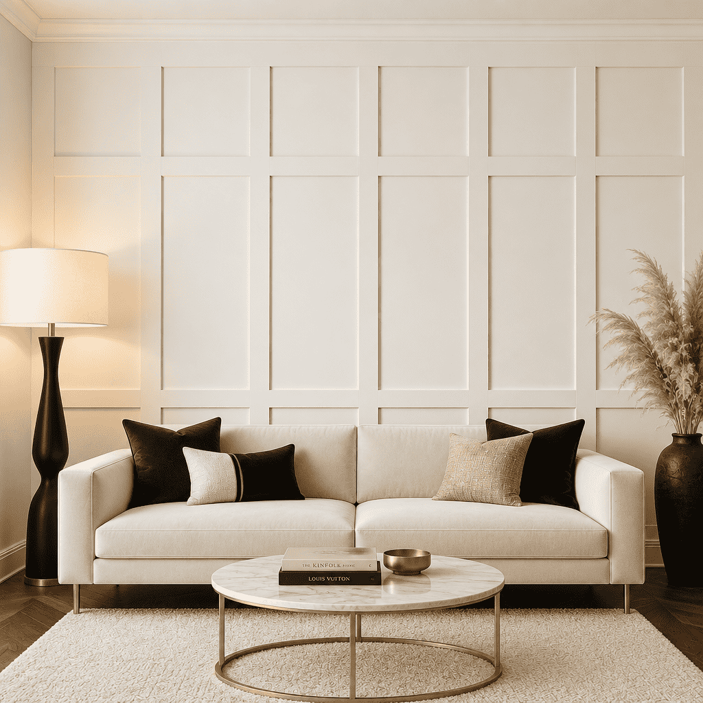 Board and Batten Wall Trim, white grid board and batten wall in a living room