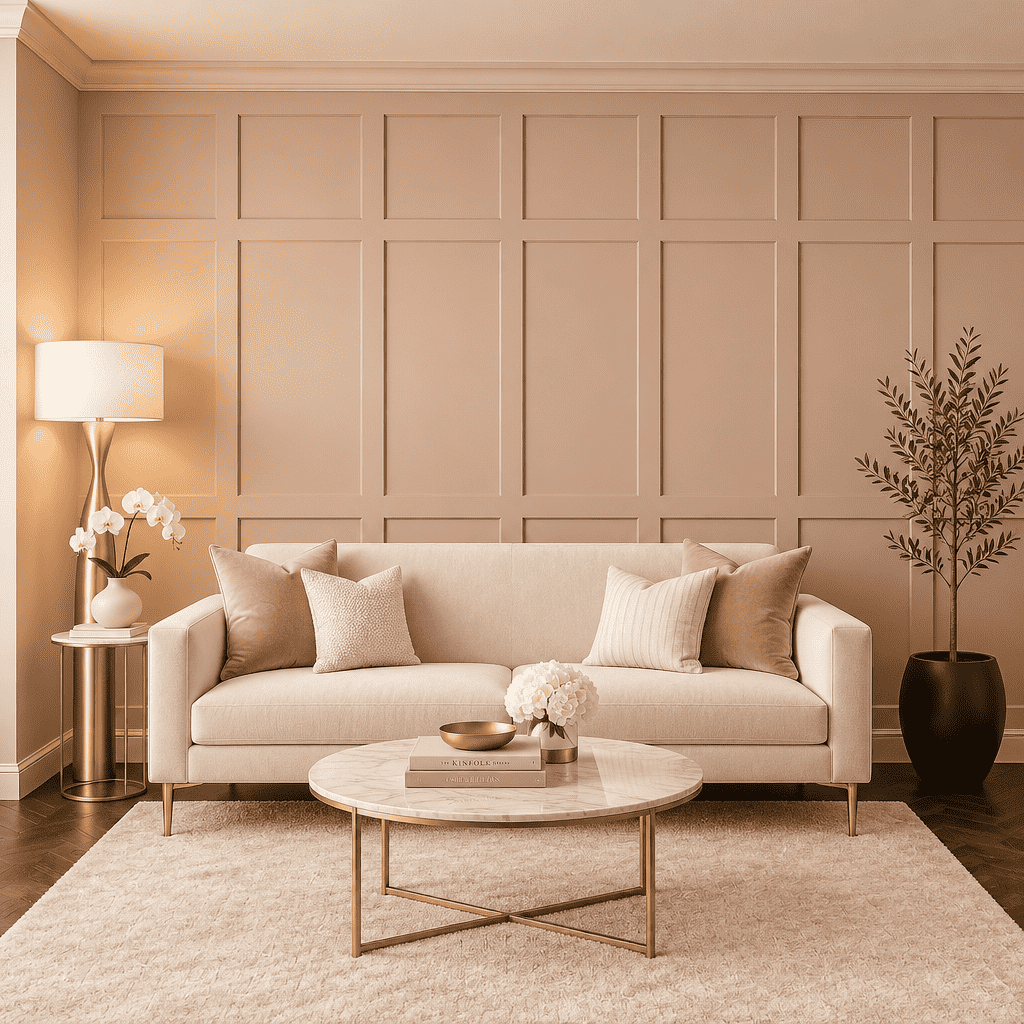 Blush pink grid board and batten wall in a living room