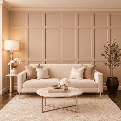 Blush pink grid board and batten wall in a living room