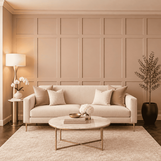 Blush pink grid board and batten wall in a living room alternate view