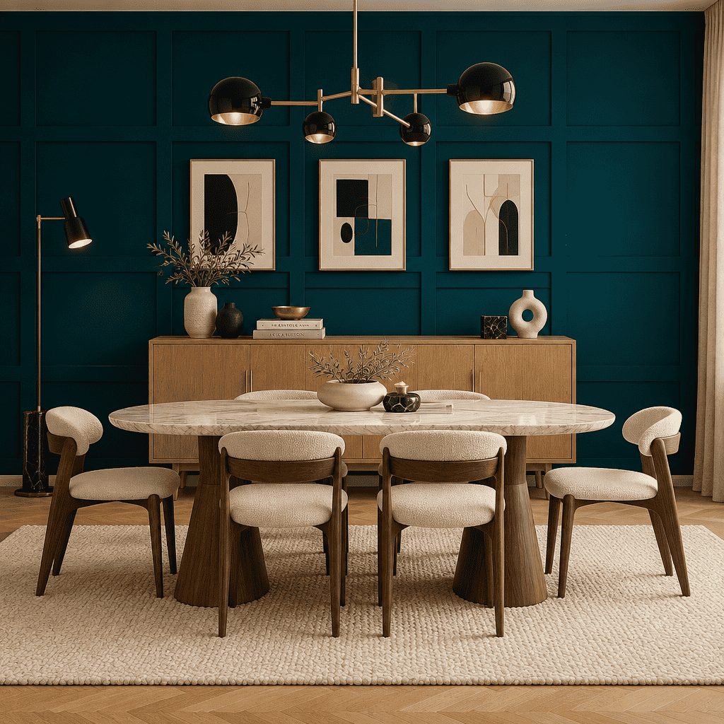 Board and Batten Wall Kit, teal grid board and batten wall in a dining room