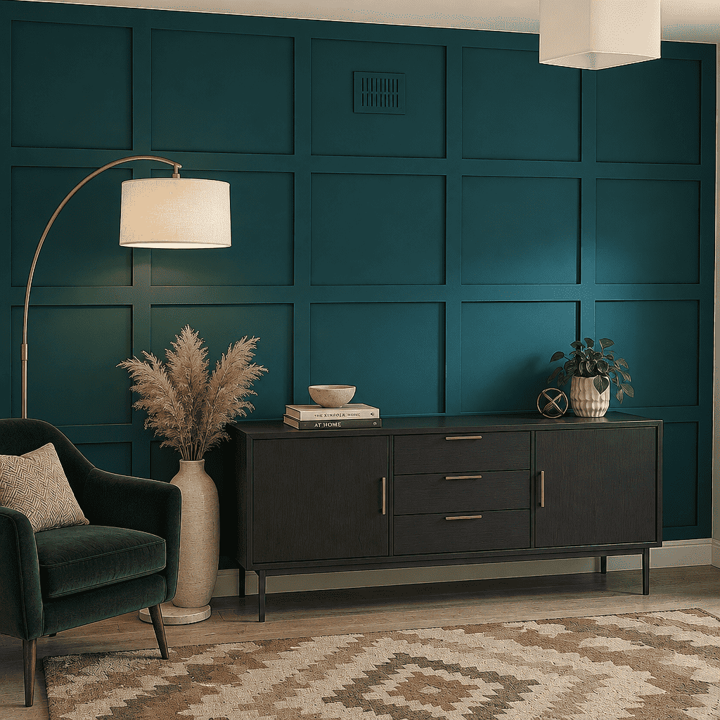 Teal grid board and batten wall in a living room