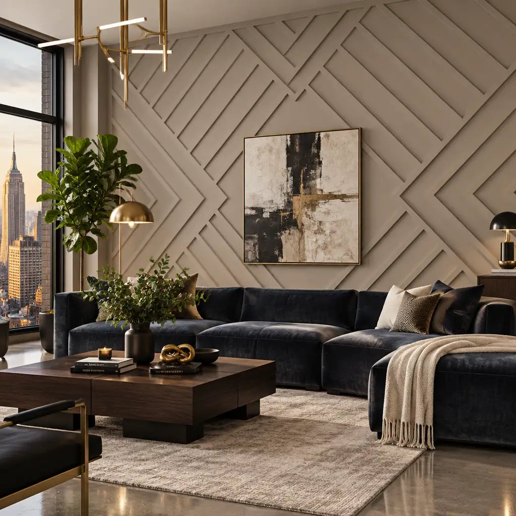Contemporary Box Molding Wall Paneling, taupe geometric wall molding in a living room