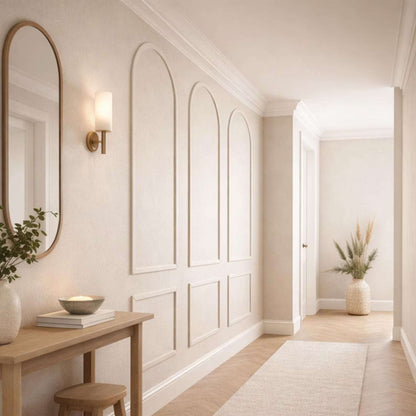 Beige arched wall molding in a hallway