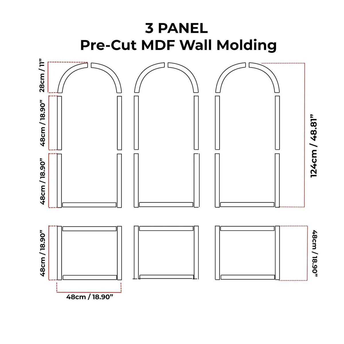 Arched Wall Molding layout drawing with frame dimensions