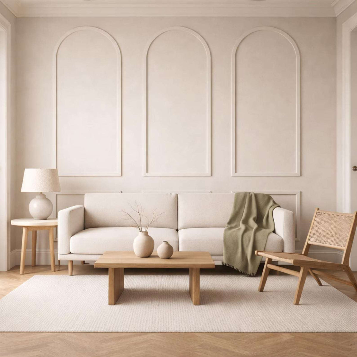 Beige arched wall molding in a living room, wide view