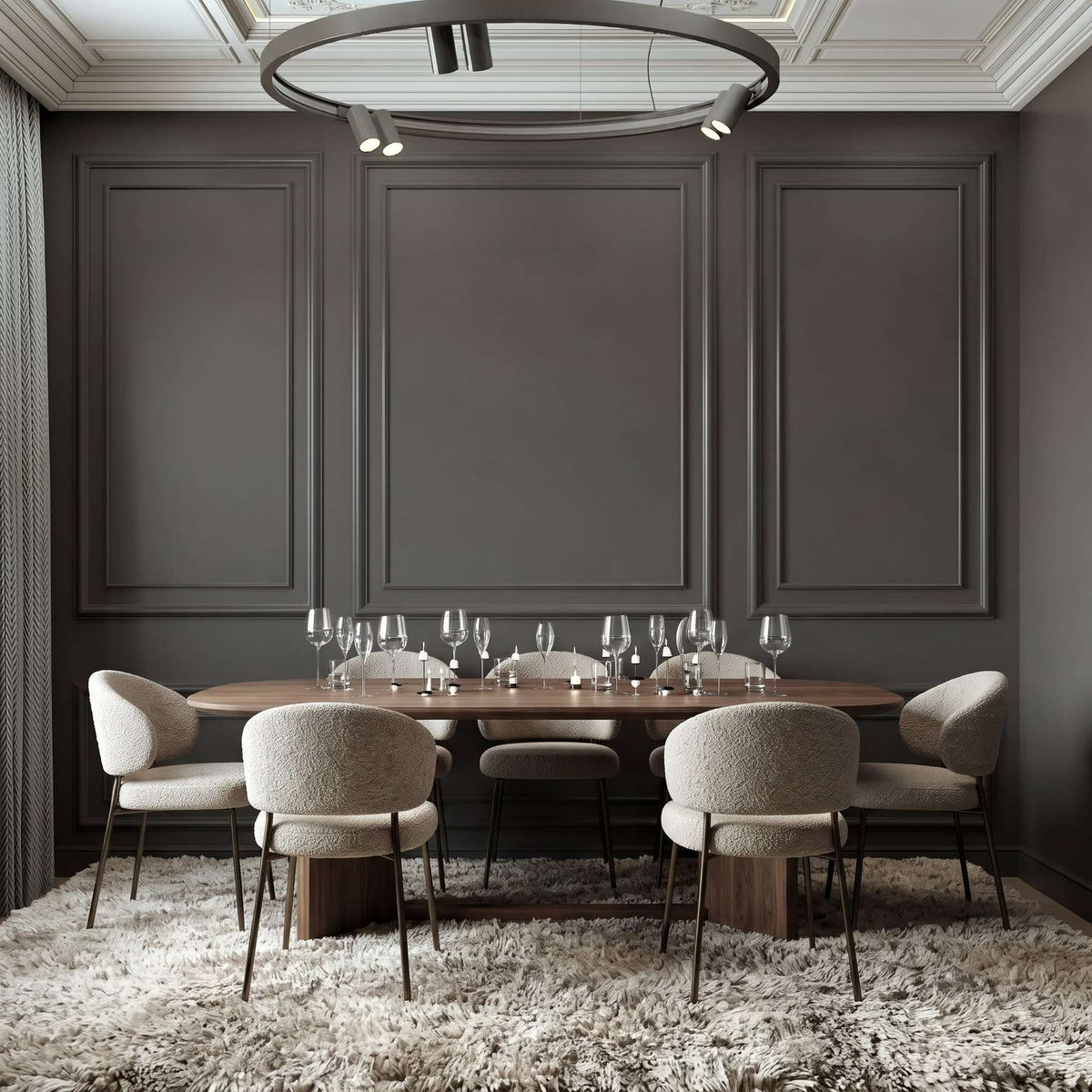 Dining Room Wainscoting, charcoal gray double picture frame wall molding in a dining room