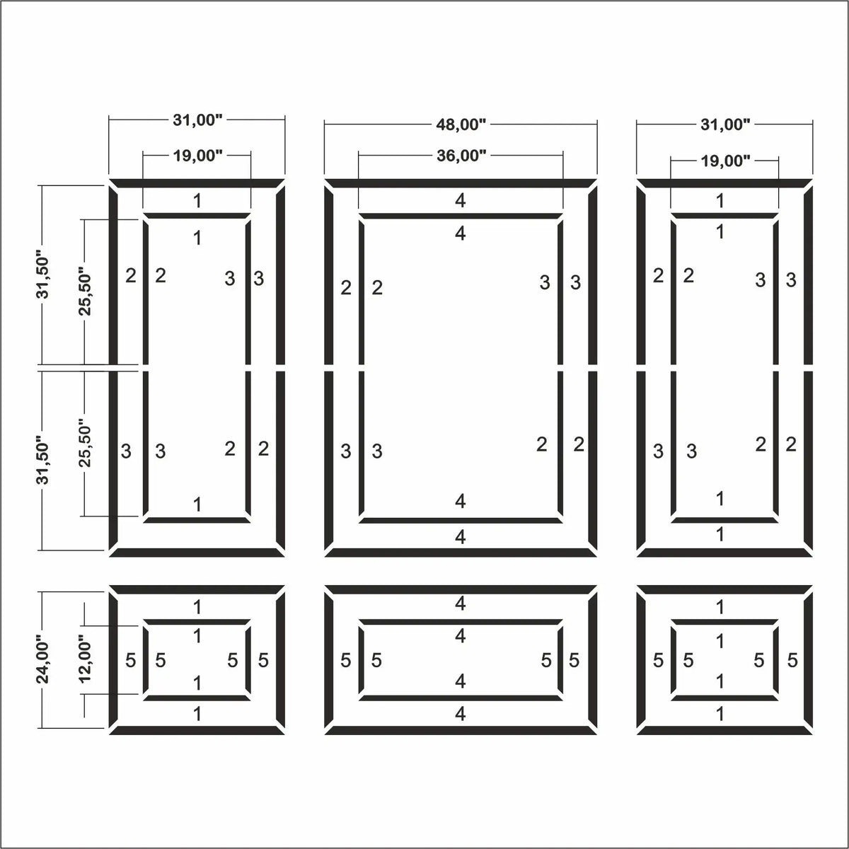 Dining Room Wainscoting layout drawing with frame dimensions