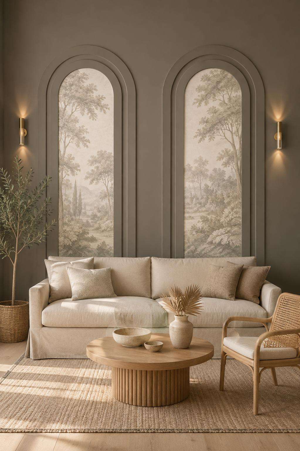 Double Arched Wall Molding Set, greige arched wall molding framing mural wallpaper in a living room