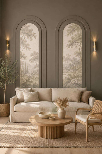 Double Arched Wall Molding Set, greige arched wall molding framing mural wallpaper in a living room