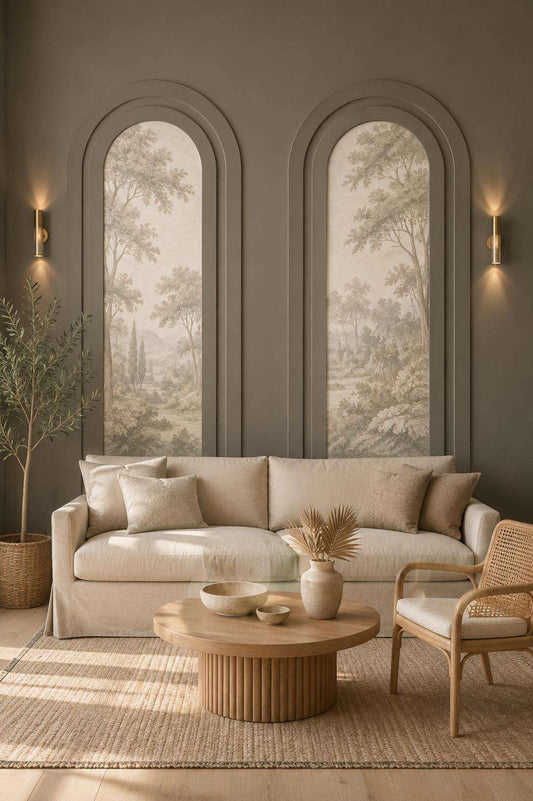 Double Arched Wall Molding Set, greige arched wall molding framing mural wallpaper in a living room