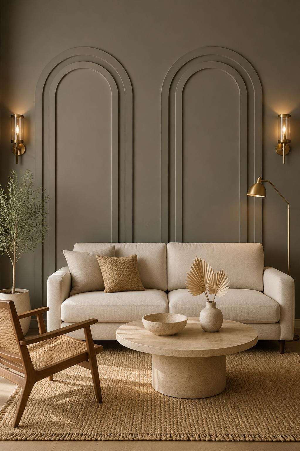 Taupe arched wall molding in a living room