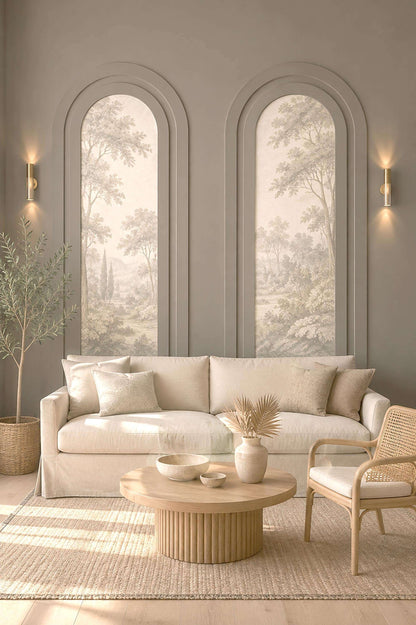 Wall molding with wallpaper: beige arched wall molding framing mural wallpaper