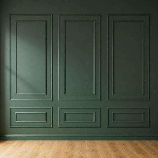 Forest green double picture frame wall molding on an accent wall