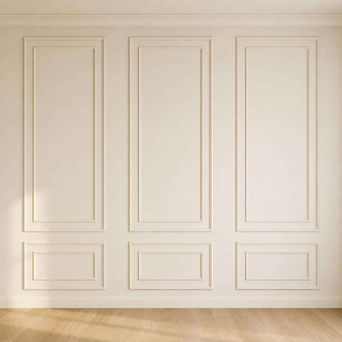 Cream double picture frame wall molding on an accent wall