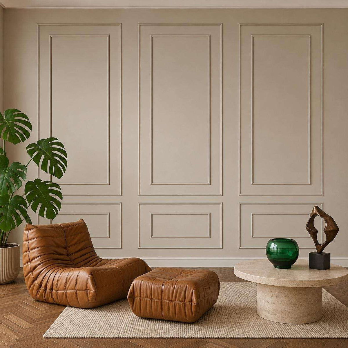 Cream double picture frame wall molding in a living room