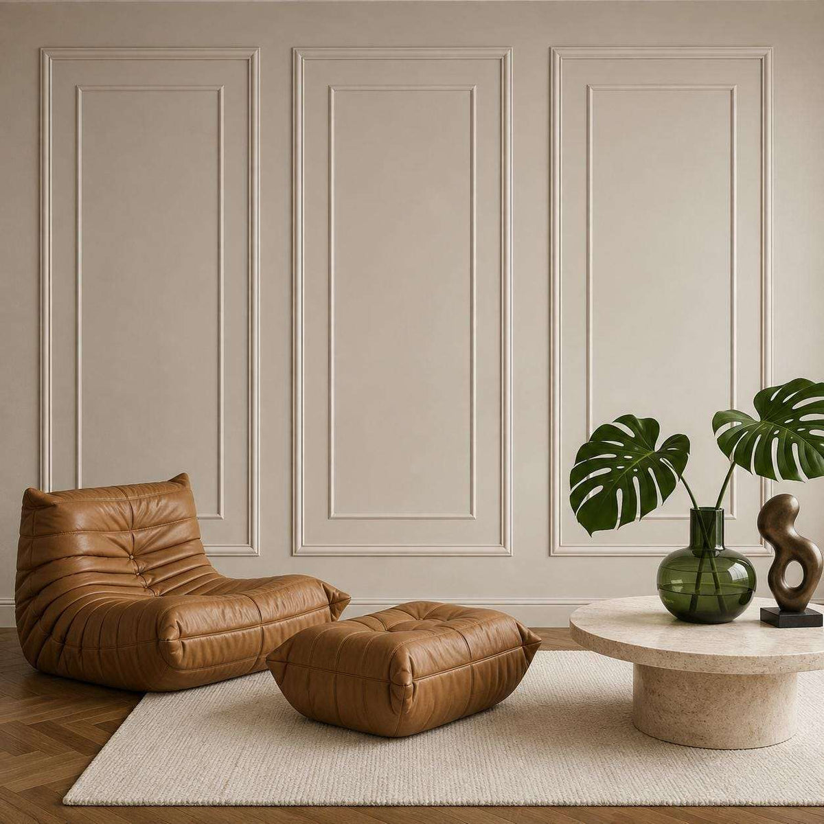Cream double picture frame wall molding in a living room