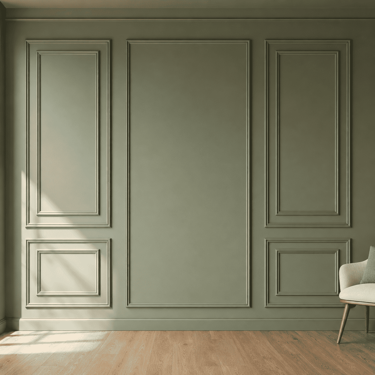 Wainscoting Wall Molding Kit, sage green double picture frame wall molding on an accent wall