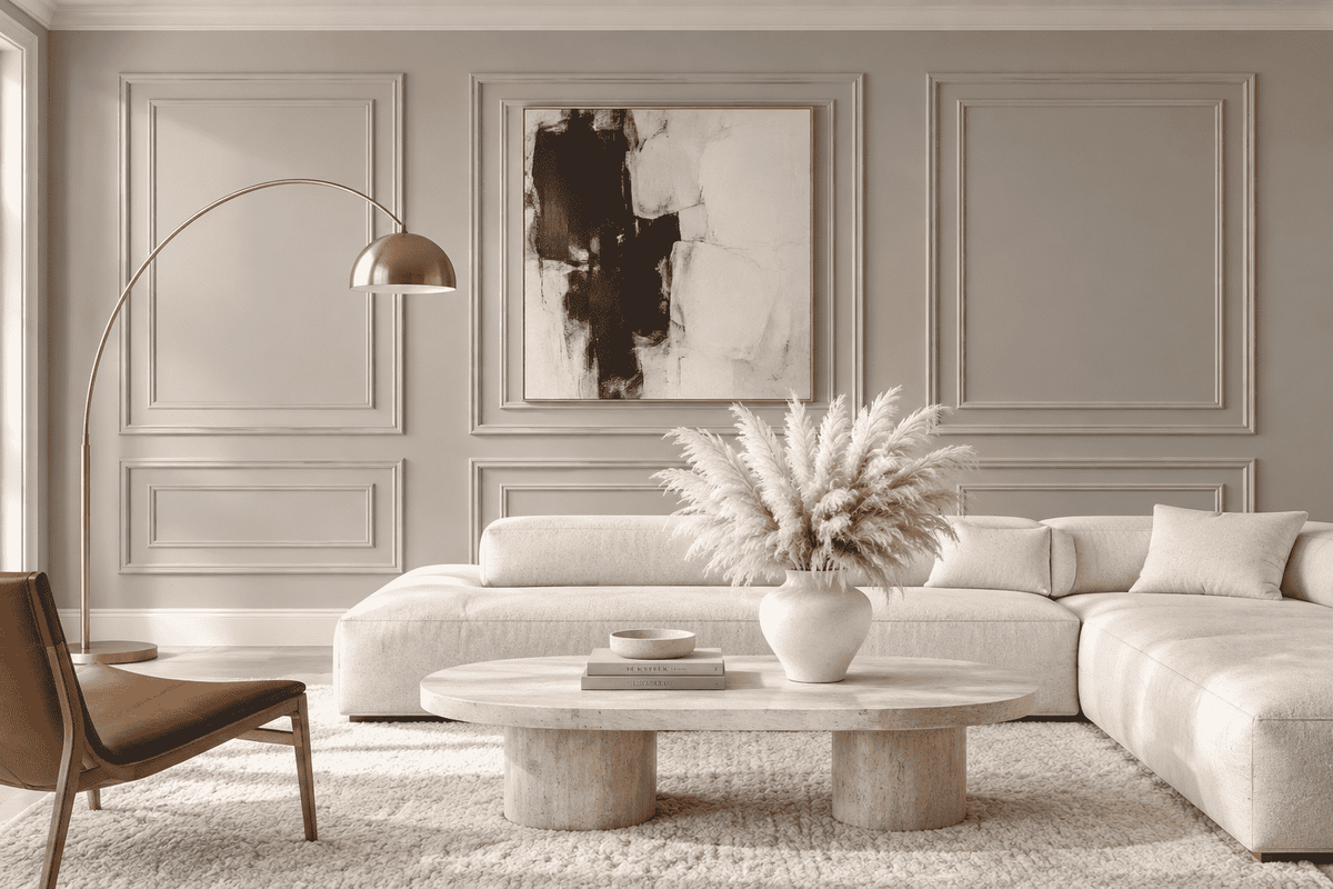 Picture Frame Molding Kit, light gray picture frame wall molding in a living room