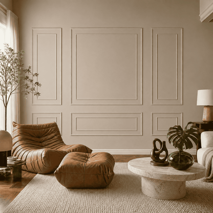 Beige picture frame wall molding in a living room