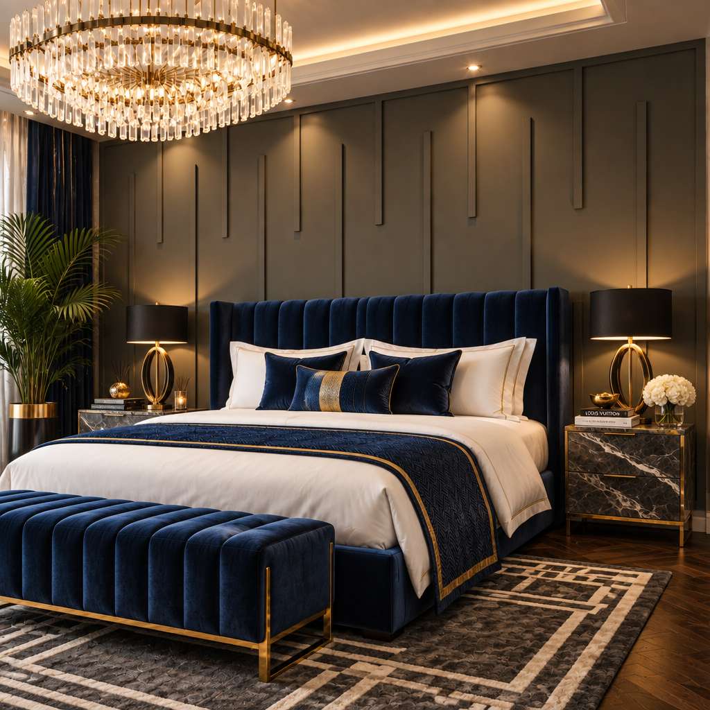 Bedroom wall molding design: navy vertical slat wall molding behind the bed