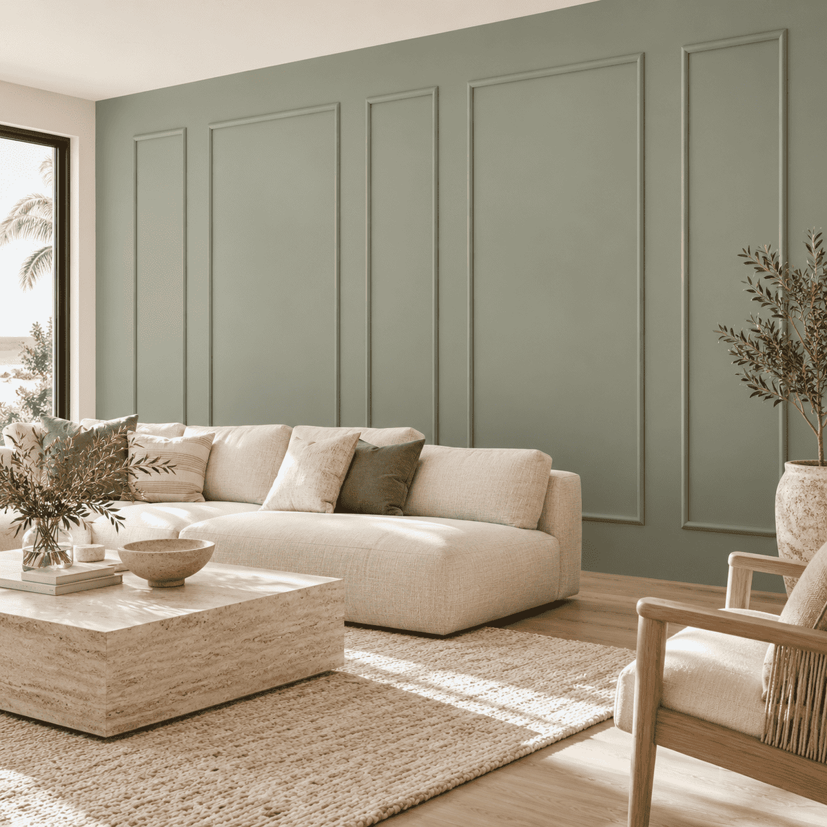 Sage green picture frame wall molding in a living room