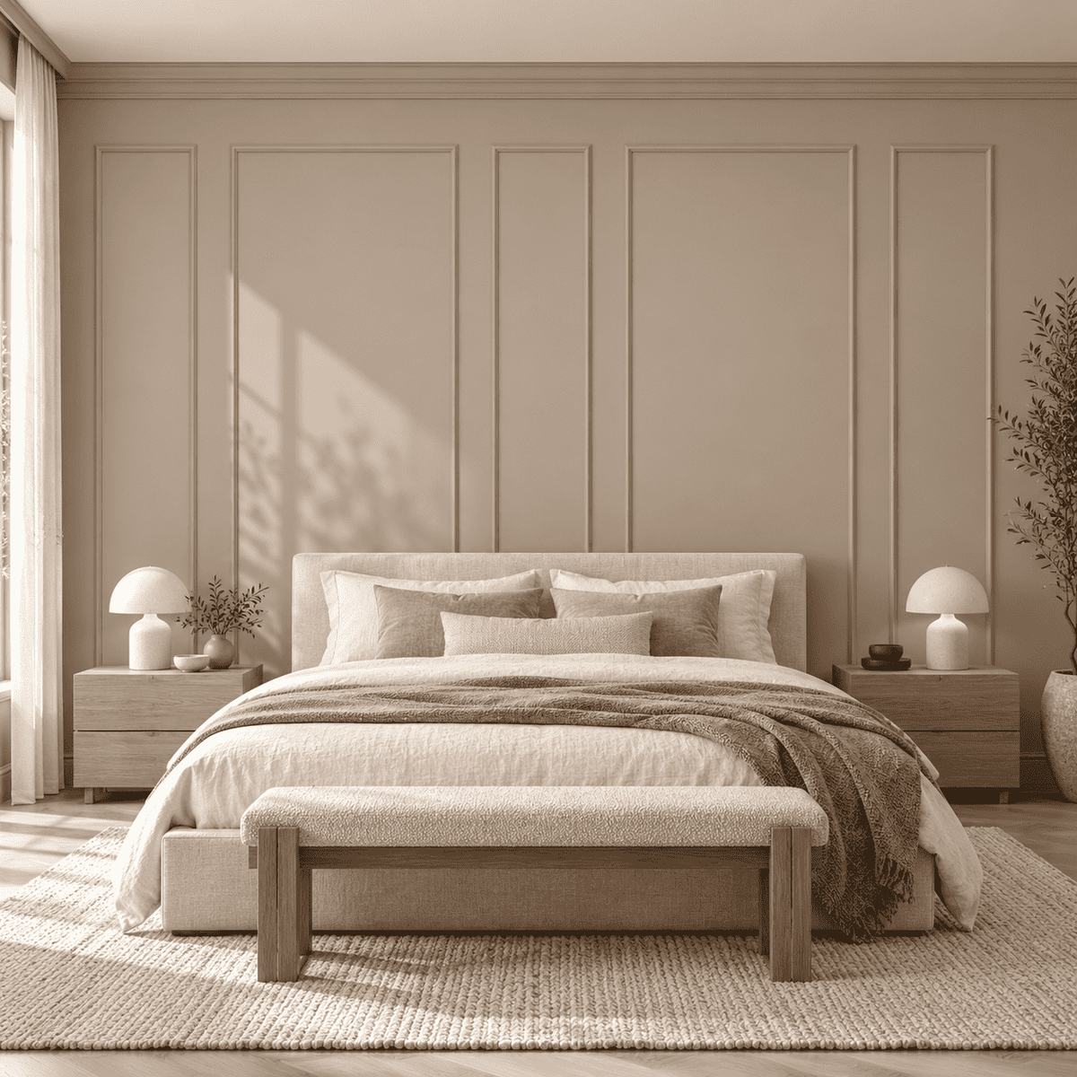 Peel and Stick Wainscoting, beige bedroom wall molding design behind the bed