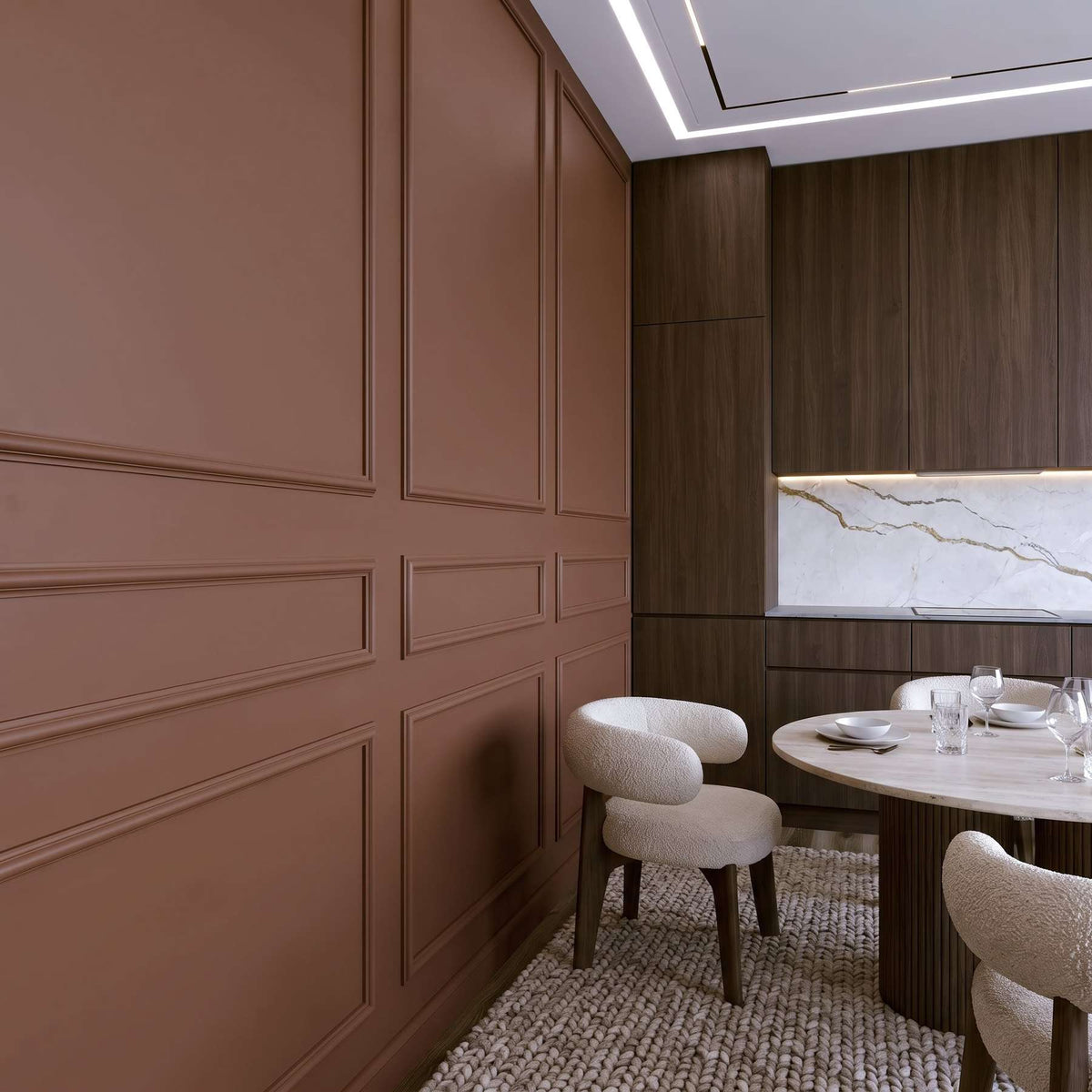 Terracotta picture frame wall molding in a dining room