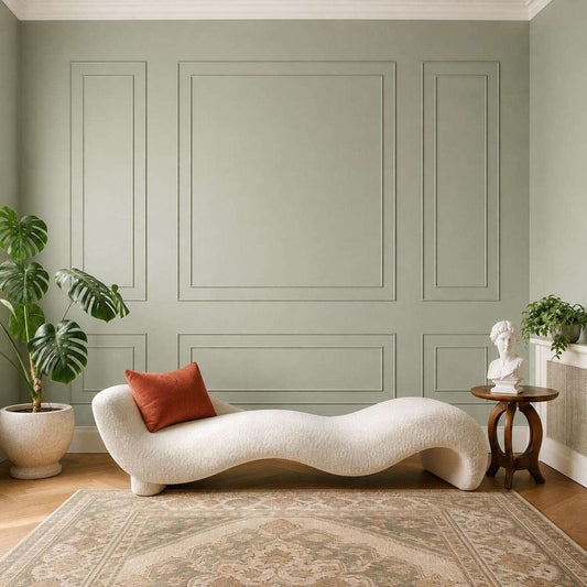 French Wall Trim Kit, sage green double picture frame wall molding in a living room
