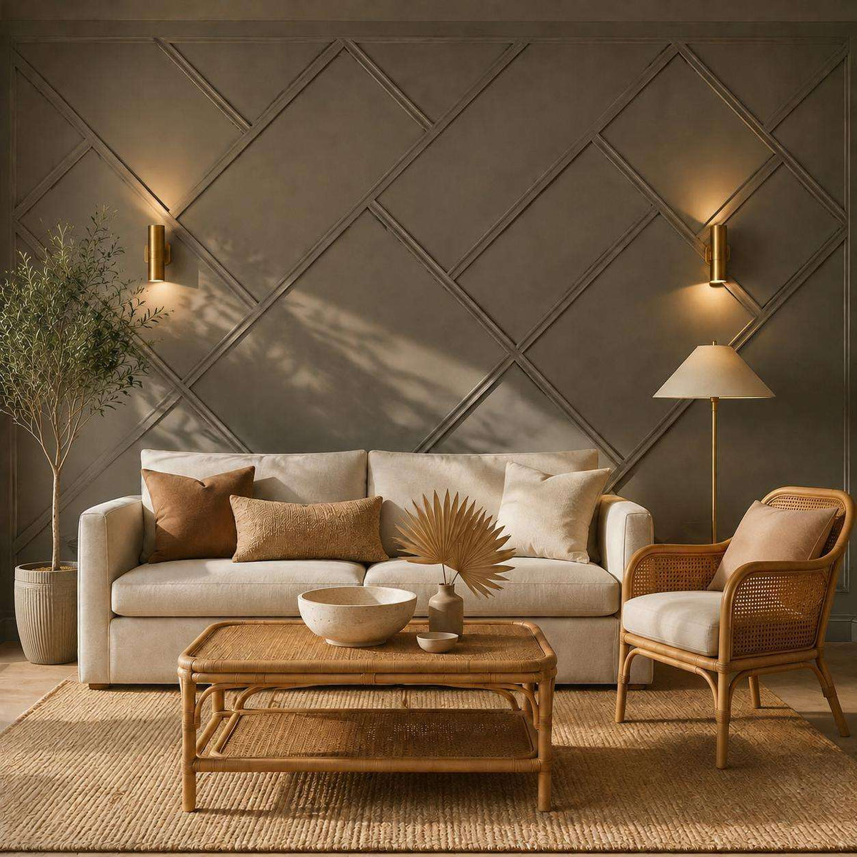 Modern wall molding: taupe geometric wall molding in a living room