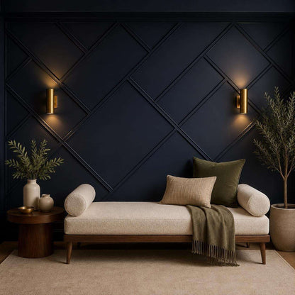 Modern wall molding: navy geometric wall molding in a living room