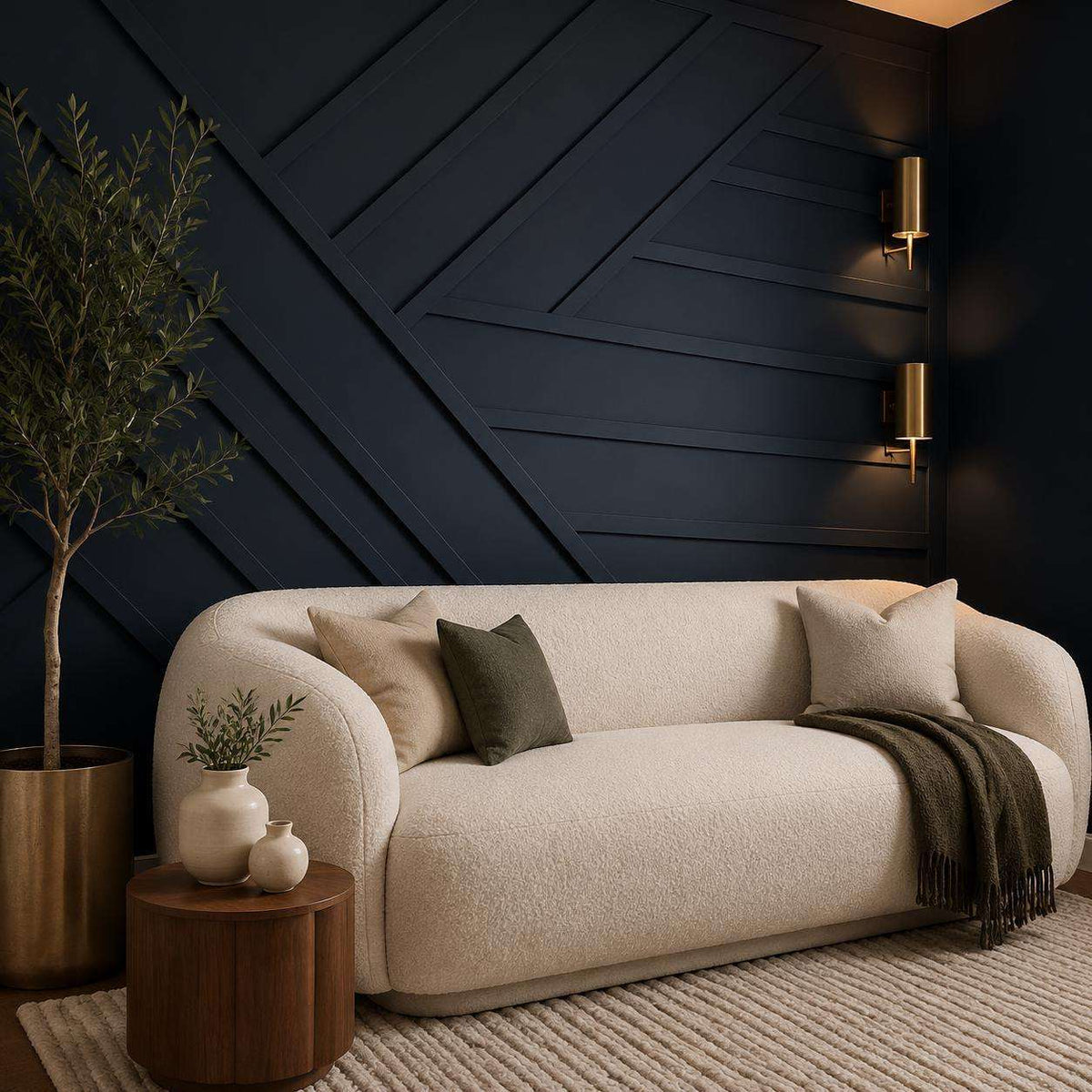Modern wall molding: navy geometric wall molding in a living room, wide view