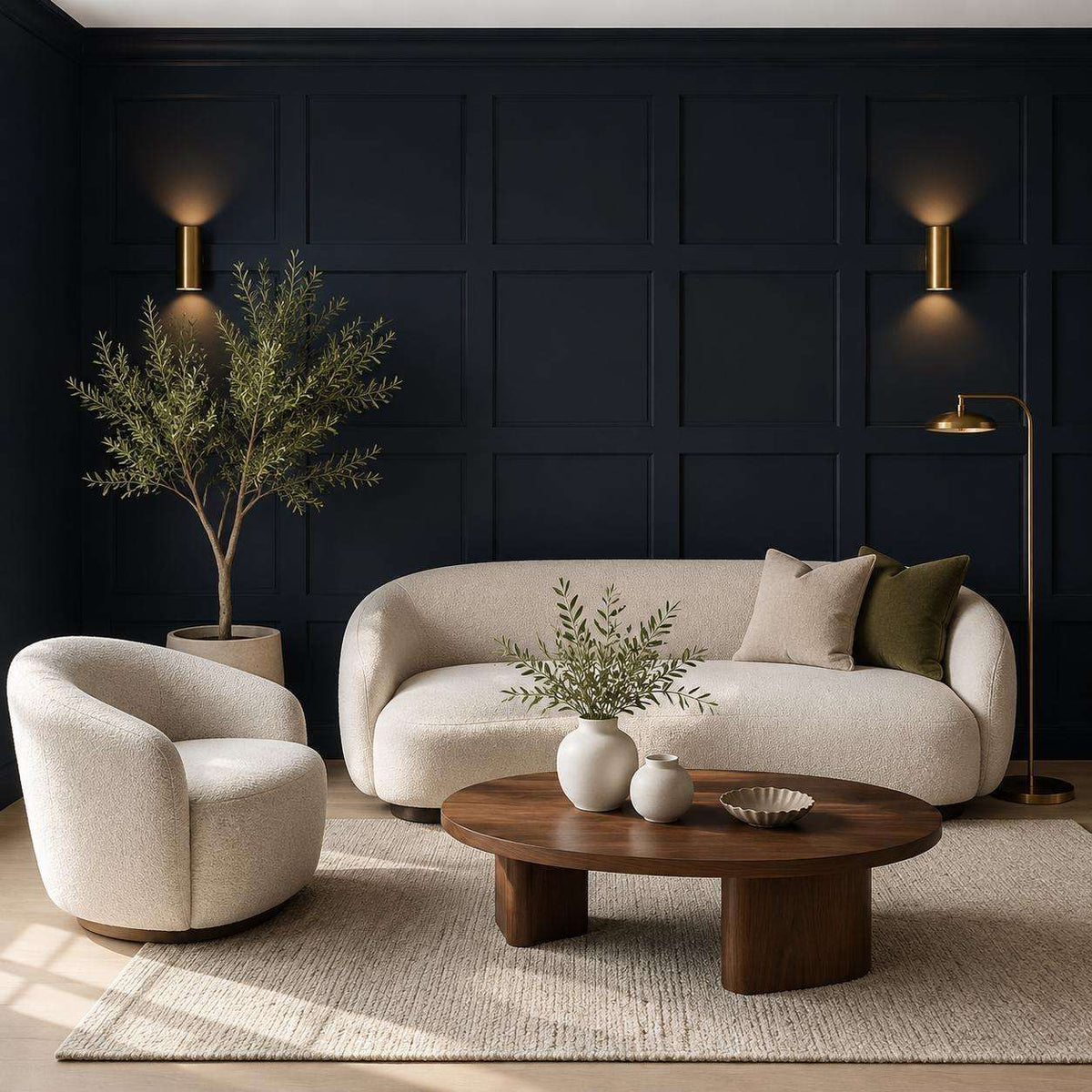 Navy grid board and batten wall in a living room