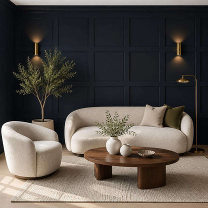 Navy grid board and batten wall in a living room