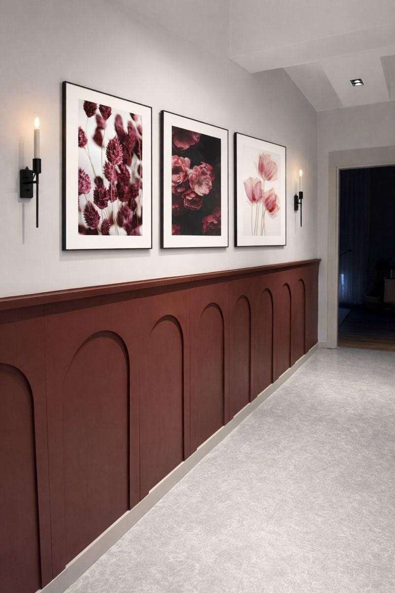 Half Wall Arched Molding, burgundy half wall arch molding in a hallway