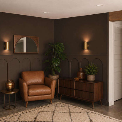 Half wall trim idea: chocolate brown half wall arch molding in a living room
